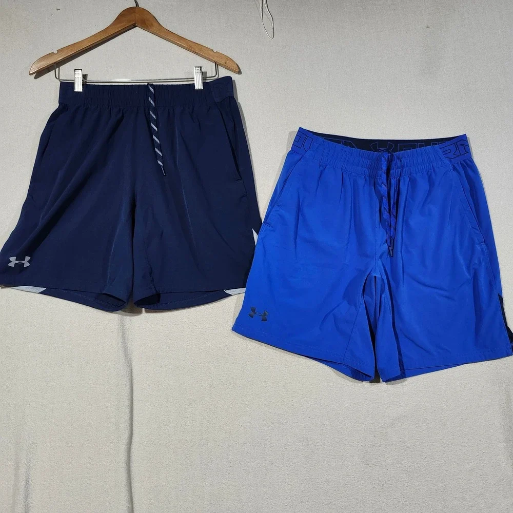 Under Armour HeatGear Mens Shorts Lot of 2 Navy Royal Blue Fitted Large Workout